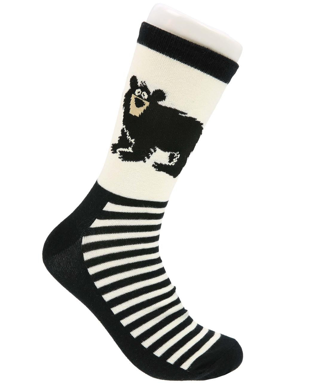 Black and white striped socks with a bear design on a white background