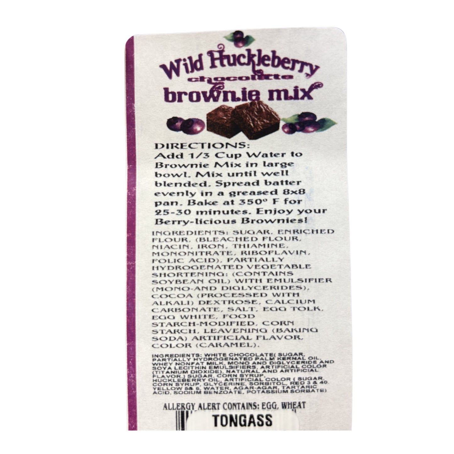 Wild Huckleberry brownie mix package with ingredients list on a white background