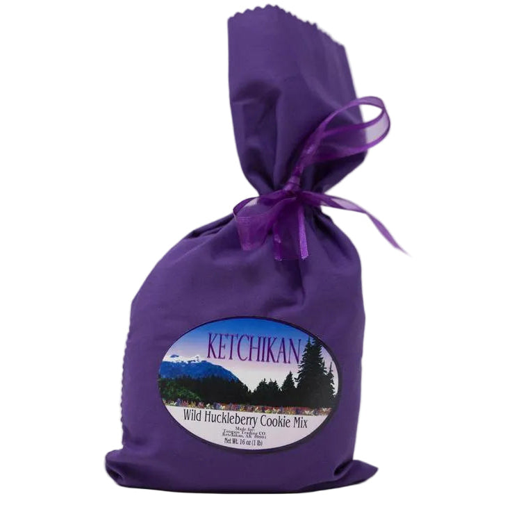 Purple bag of Ketchikan Wild Huckleberry Cookie Mix on a white background