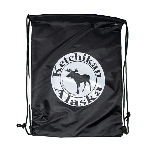 Black drawstring bag with 'Ketchikan Alaska' and moose logo on a white background
