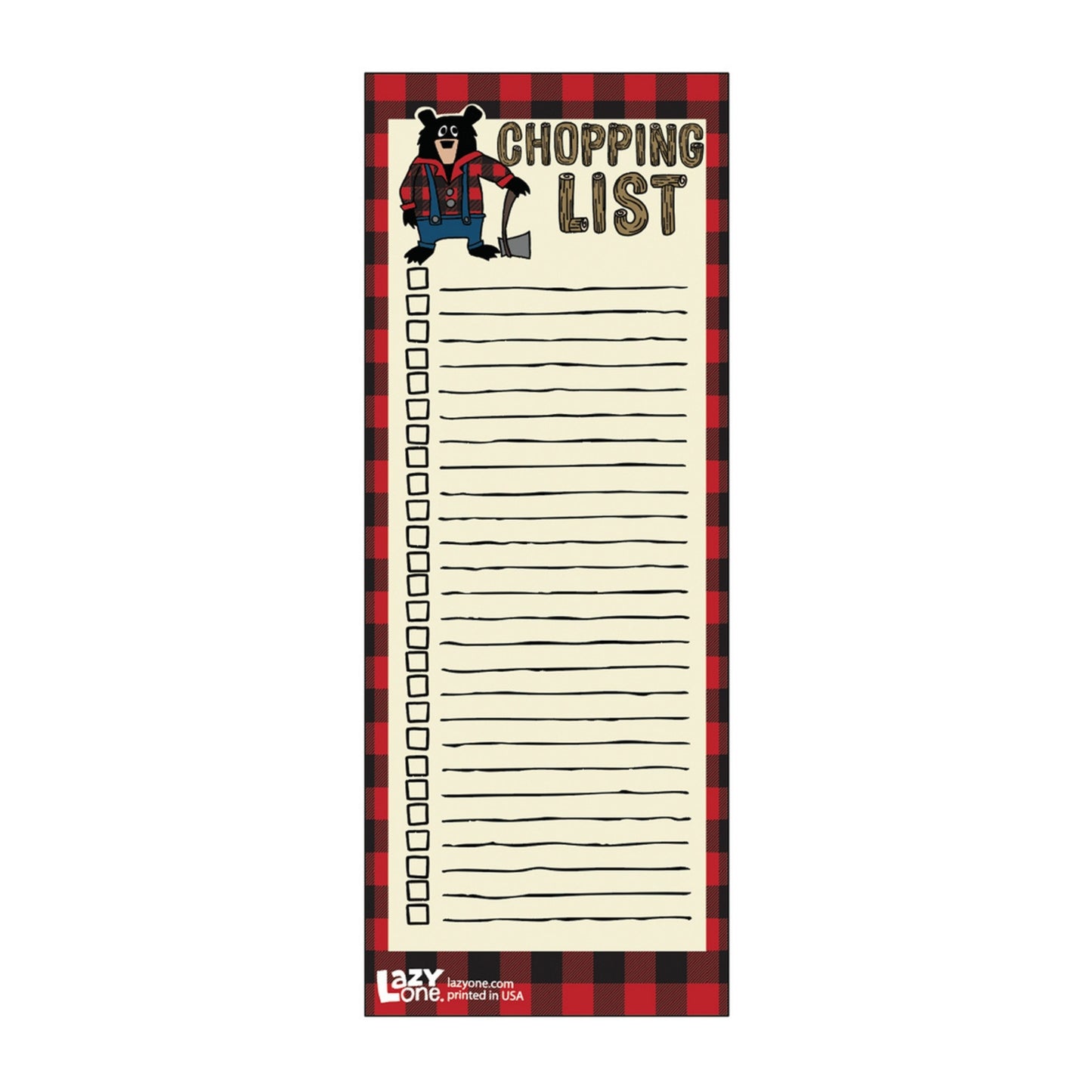 Noteboard with a bear illustration and 'Chopping List' text on a red and black checkered border.