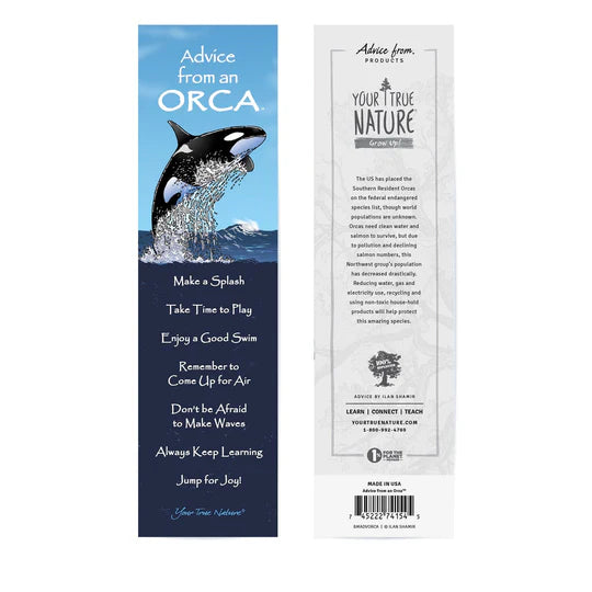 Front and Back of an "Advice From an Orca" bookmark with an orca design and motivational text