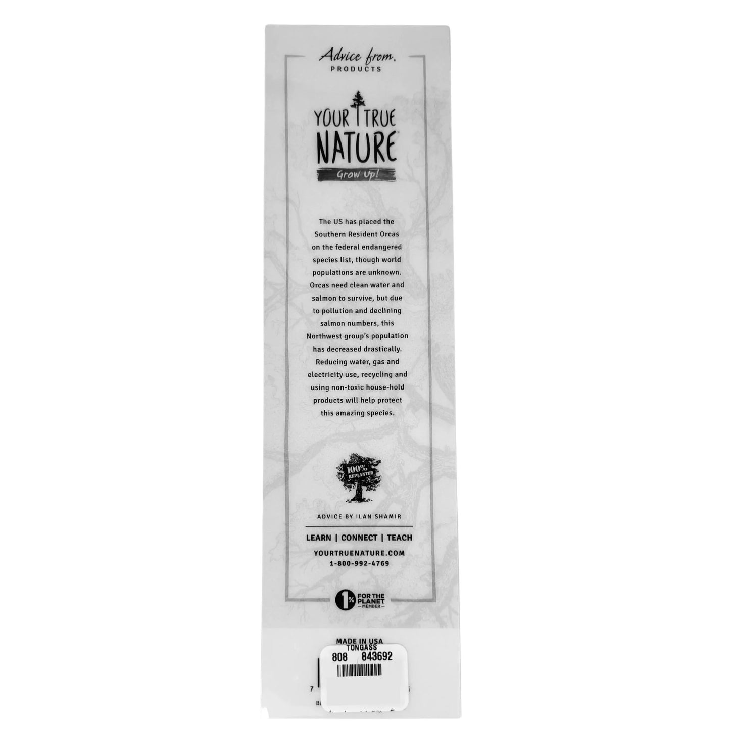 Back of orca bookmark with text
