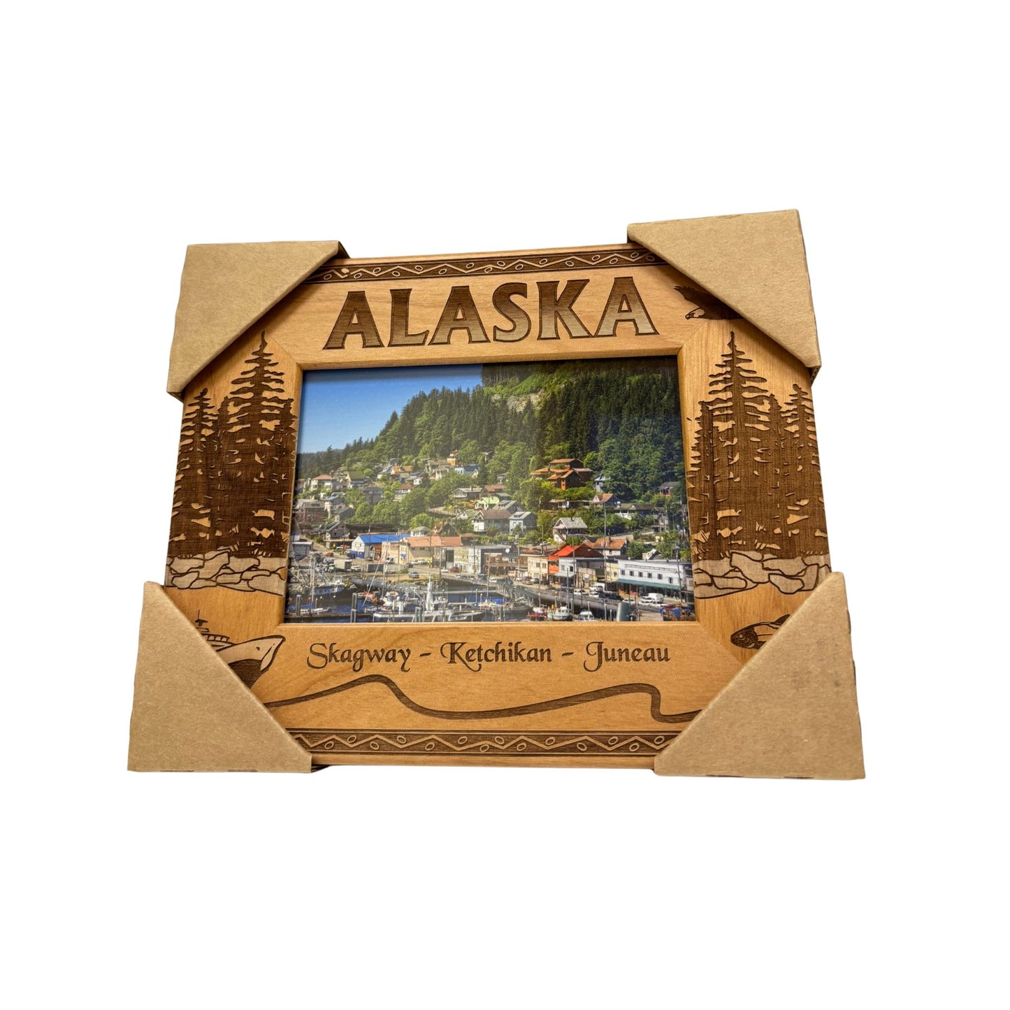 Wooden picture frame with 'Alaska' and scenic views 