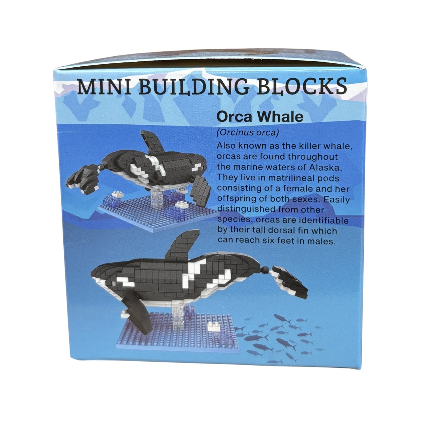 Box of mini building blocks shaped like an orca whale