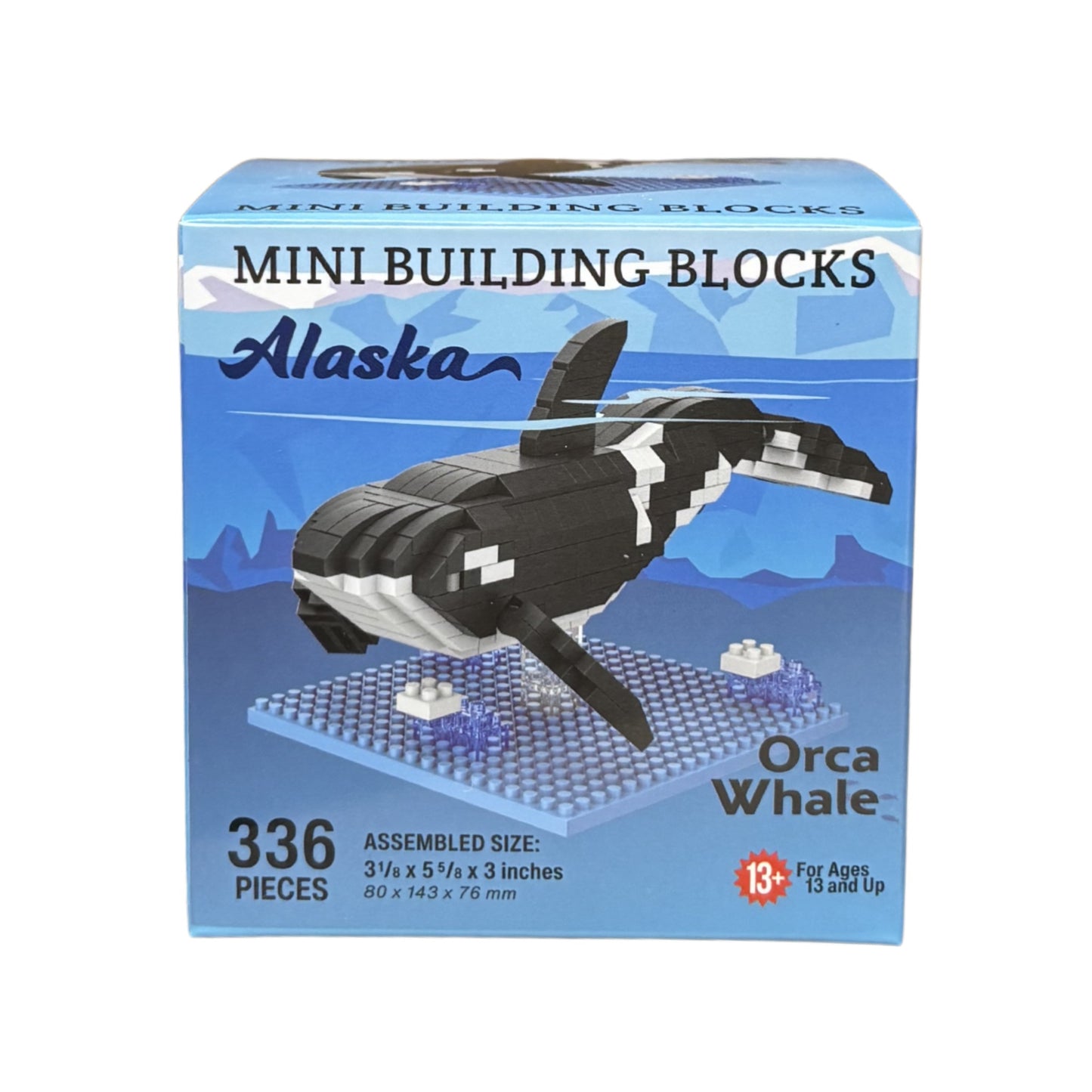Box of Alaska mini building blocks with an orca whale design 