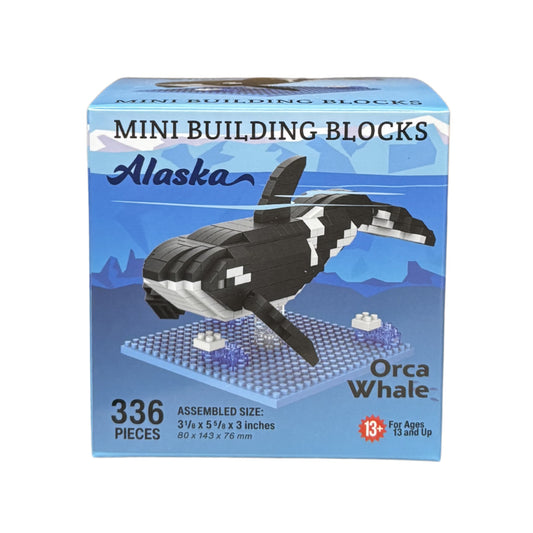 Box of Alaska mini building blocks with an orca whale design 