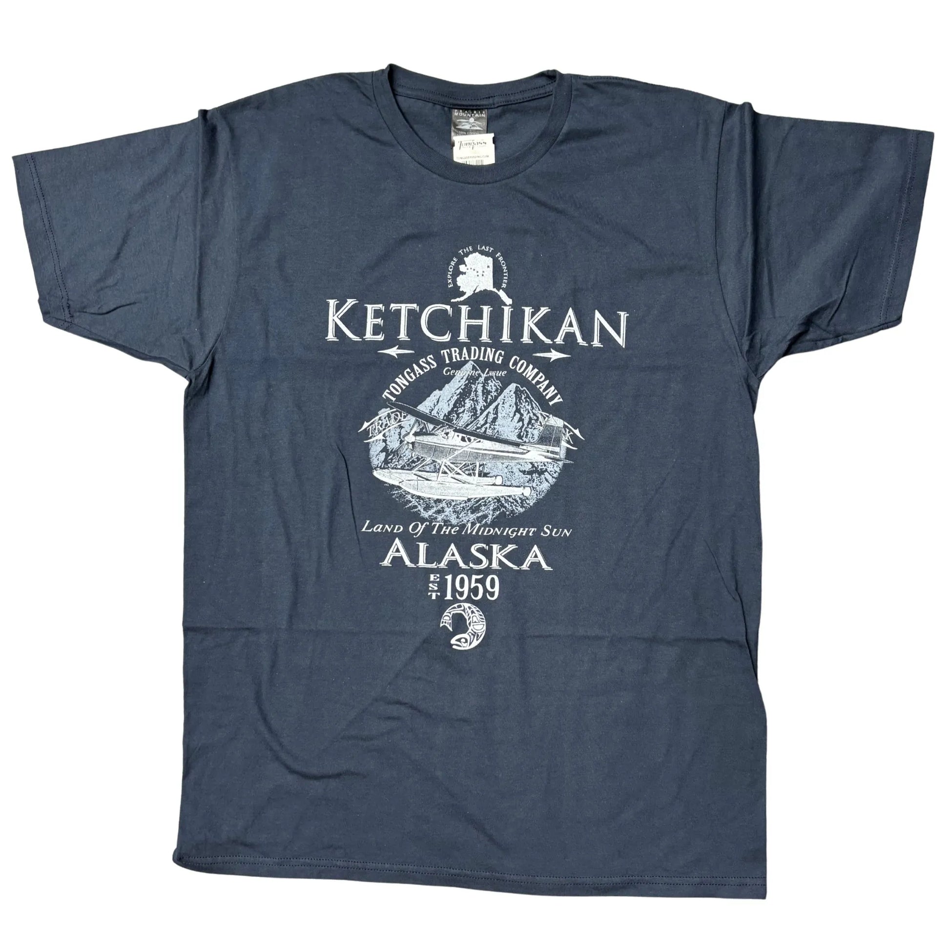 Navy blue t-shirt with white graphic design featuring 'Ketchikan, Alaska' 