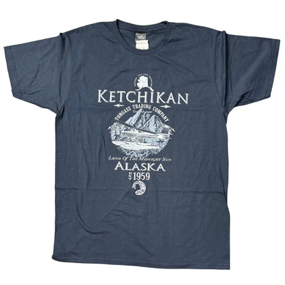 Navy blue t-shirt with white graphic design featuring 'Ketchikan, Alaska' 
