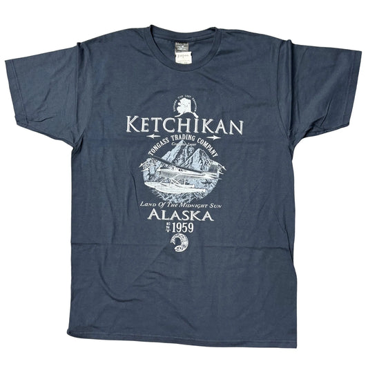 Navy blue t-shirt with white graphic design featuring 'Ketchikan, Alaska' 