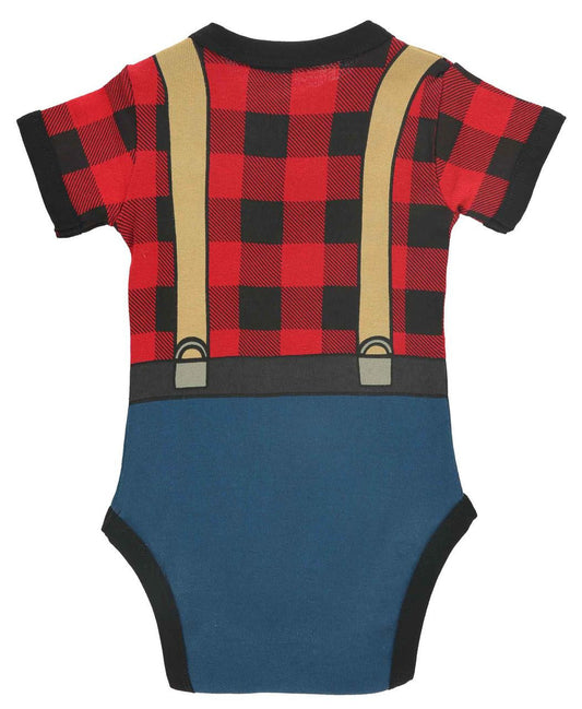 Baby onesie with red and black checkered shirt, blue pants, and beige suspenders on a white background