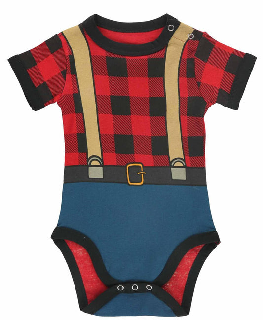 Baby onesie with red plaid pattern, suspenders, and blue bottom on a white background