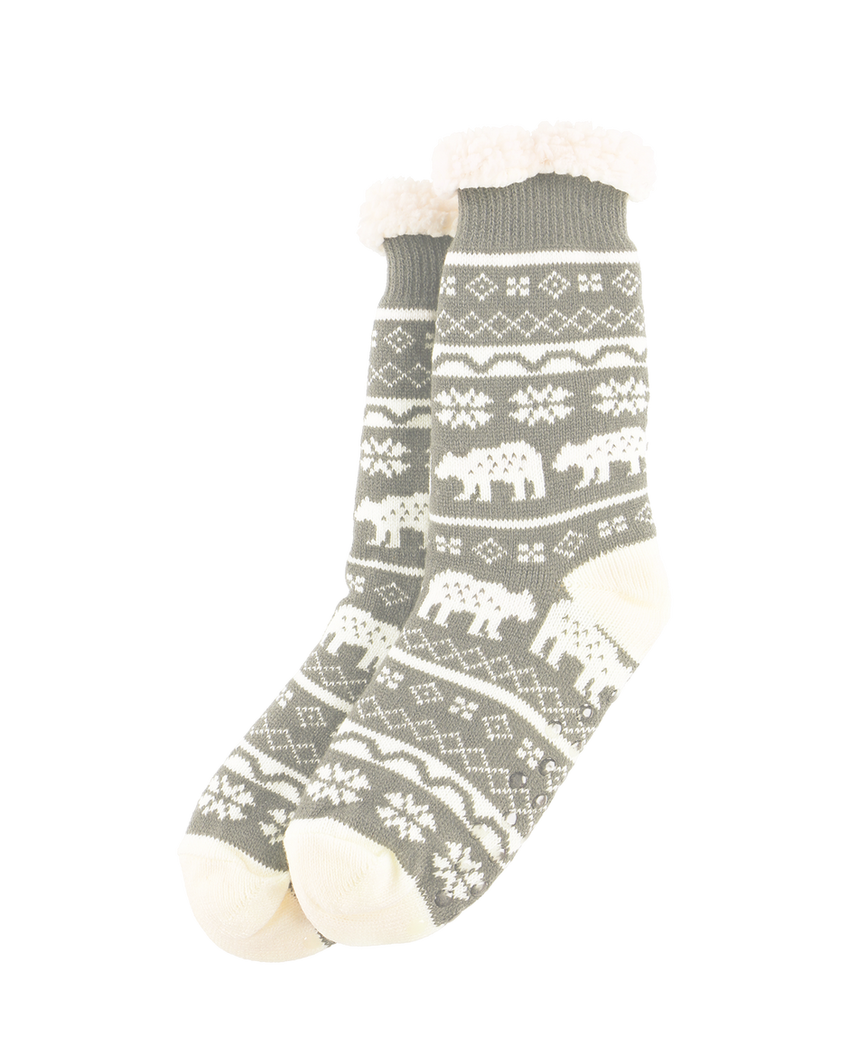Gray sock with white bear pattern on a white background