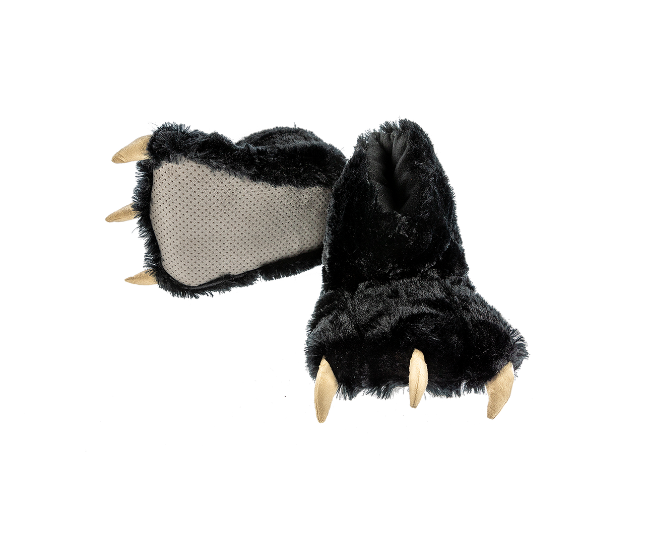 Black plush paw slippers with claws on a white background