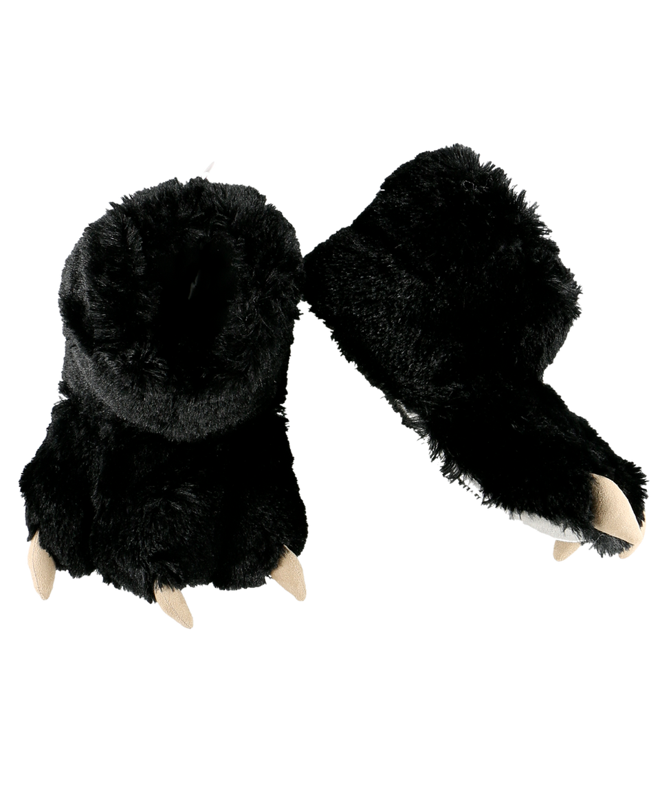 Black plush paw slippers with claws on a white background
