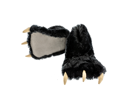 Black plush paw slippers with claws on a white background