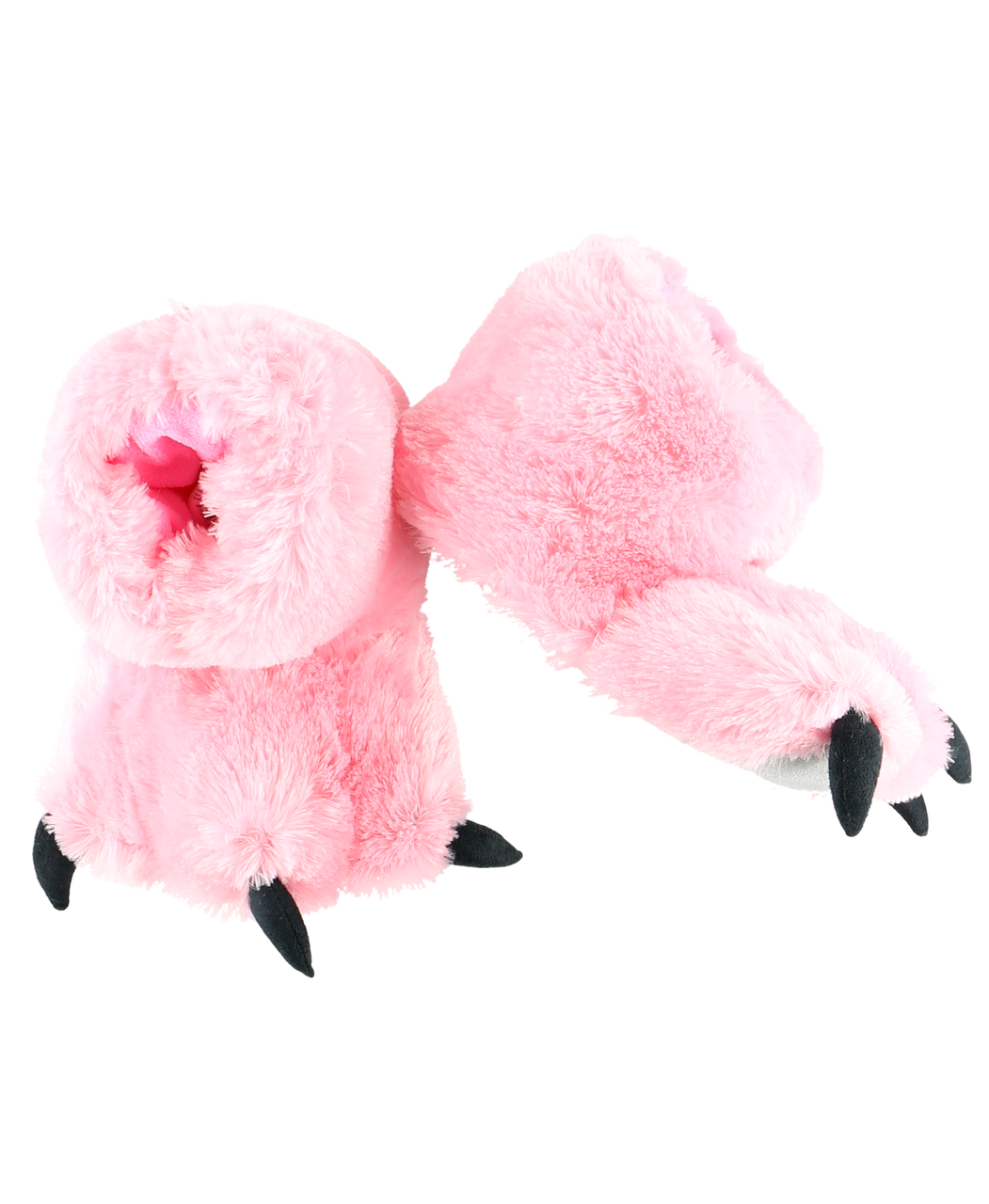 Pink plush paw slippers on a white background