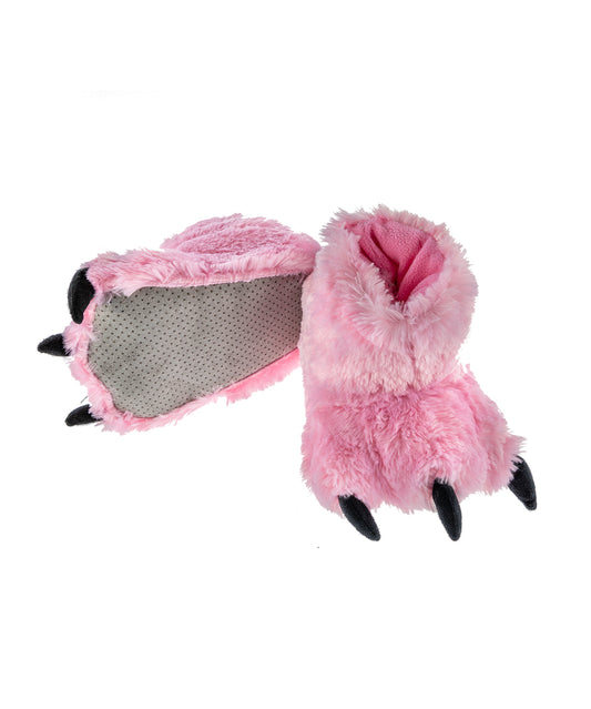 Pink paw-shaped slippers with a textured surface on a white background