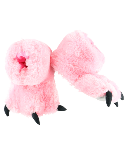 Pink plush paw slippers on a white background