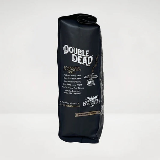 Black coffee bag with 'Double Dead' branding on a white background
