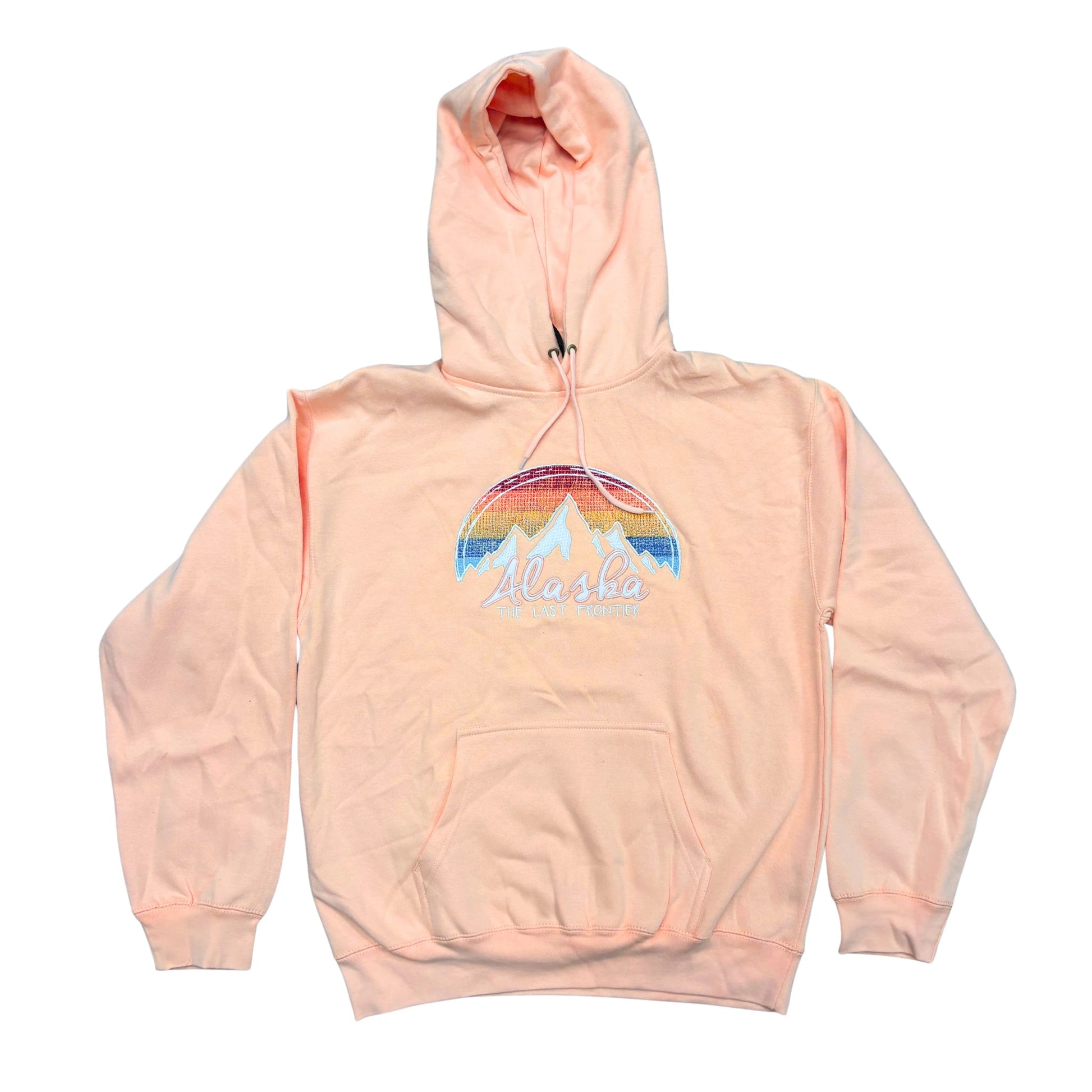 Pink hoodie with a mountain and rainbow design on a white background