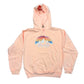 Pink hoodie with a mountain and rainbow design on a white background