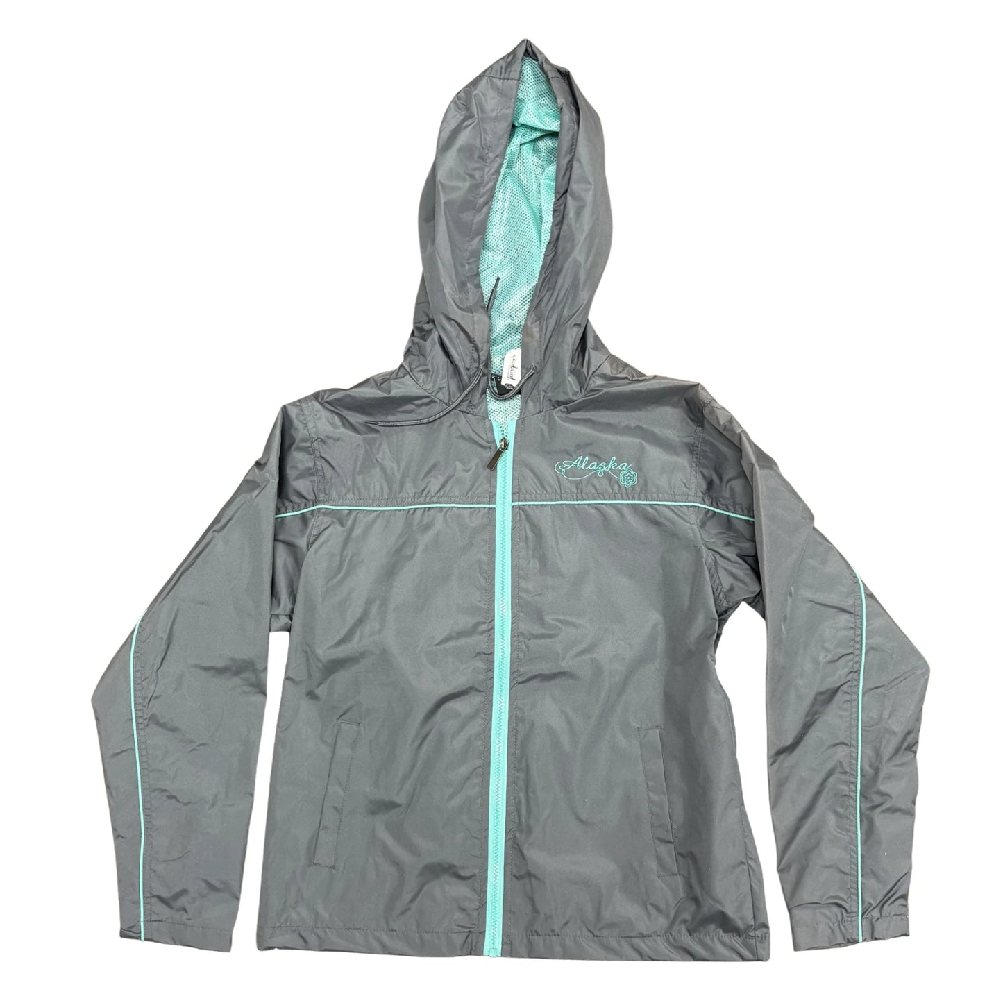 Gray jacket with turquoise accents on a white background