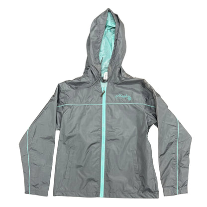 Gray jacket with turquoise accents on a white background
