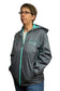 Woman wearing a gray jacket with teal accents against a white background