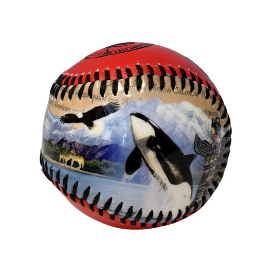 Baseball with orca whale and mountain design