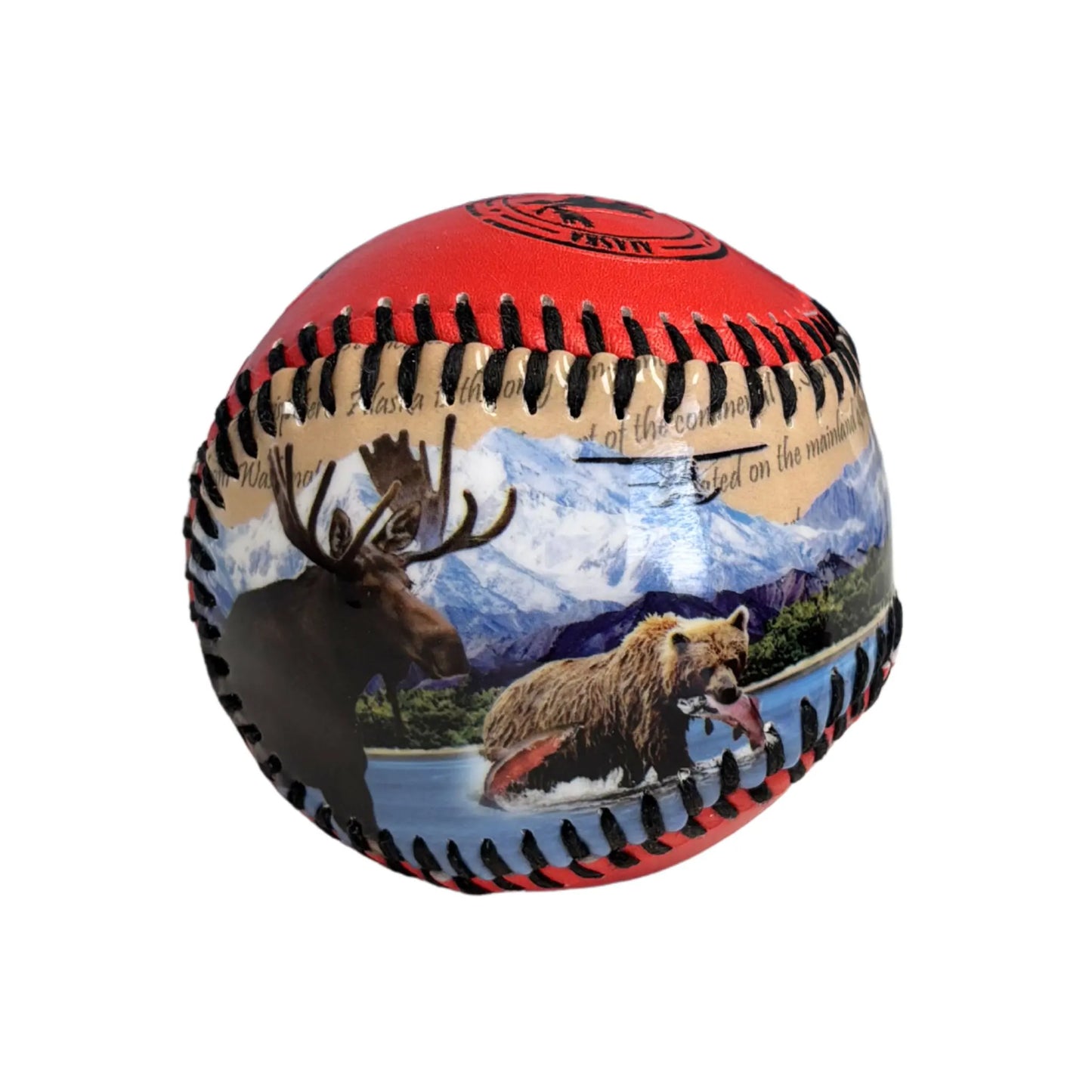 Baseball with nature-themed design featuring a bear, mountain, and moose