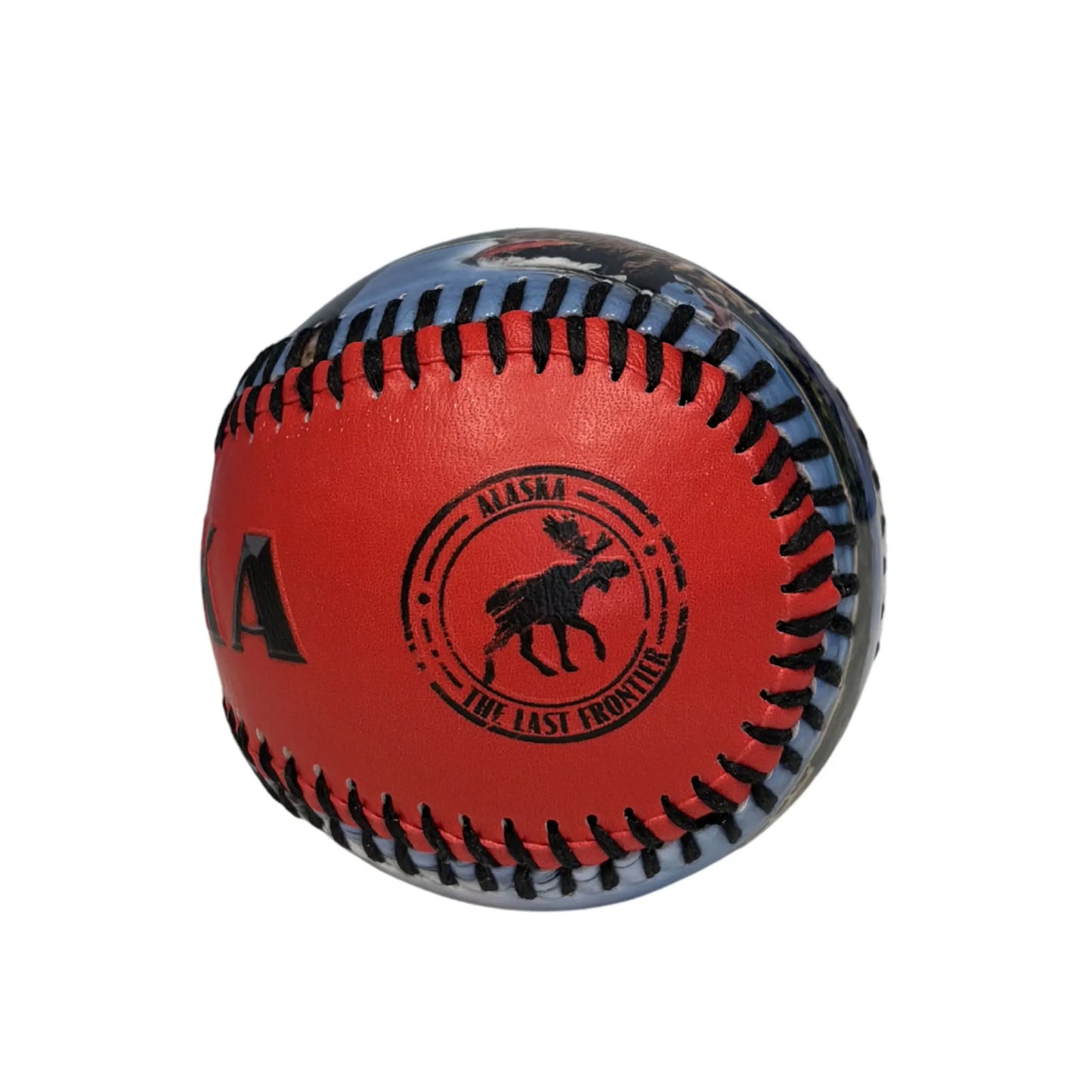 Baseball with red and black stitching 