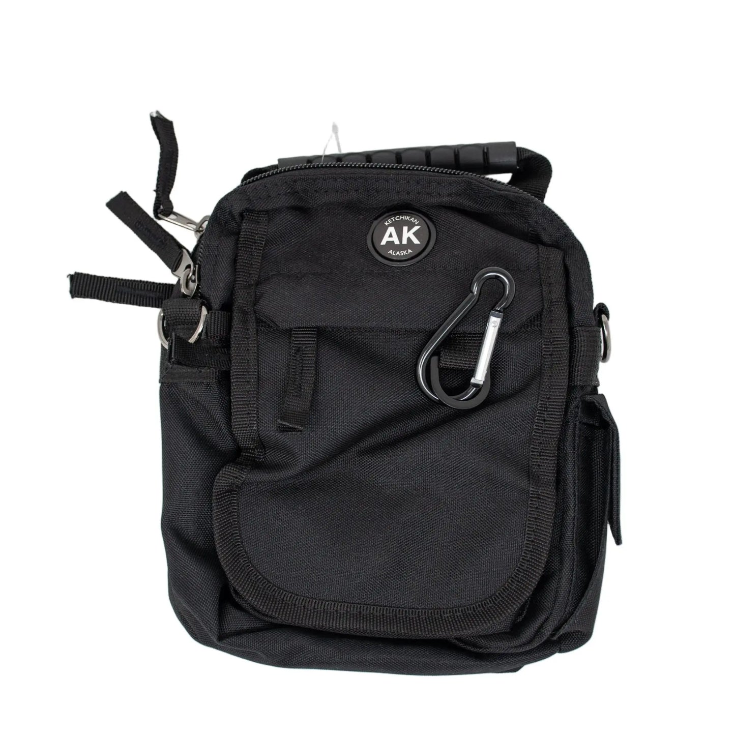 Black mini daypack with multiple zippers and Ketchikan text