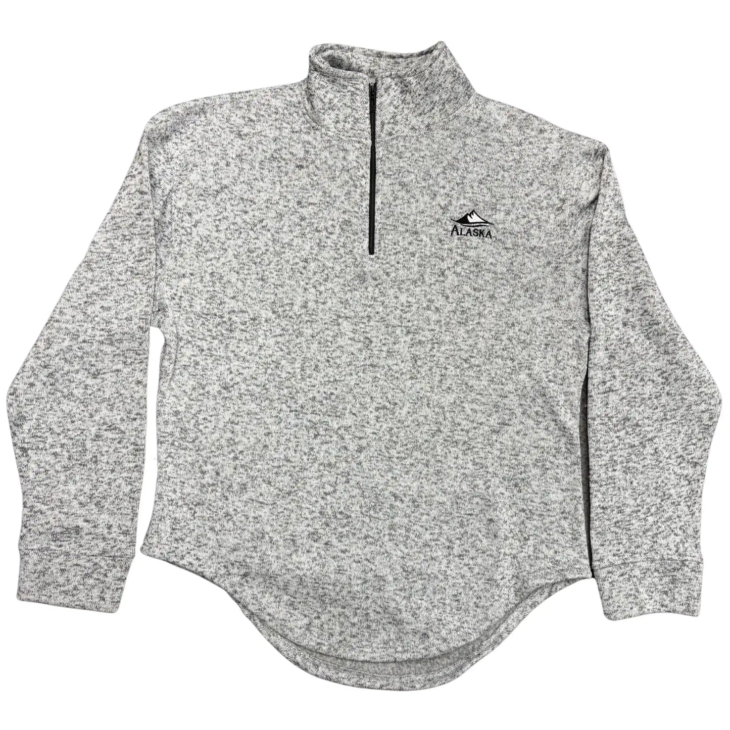 Gray fleece pullover with a brand logo on a white background