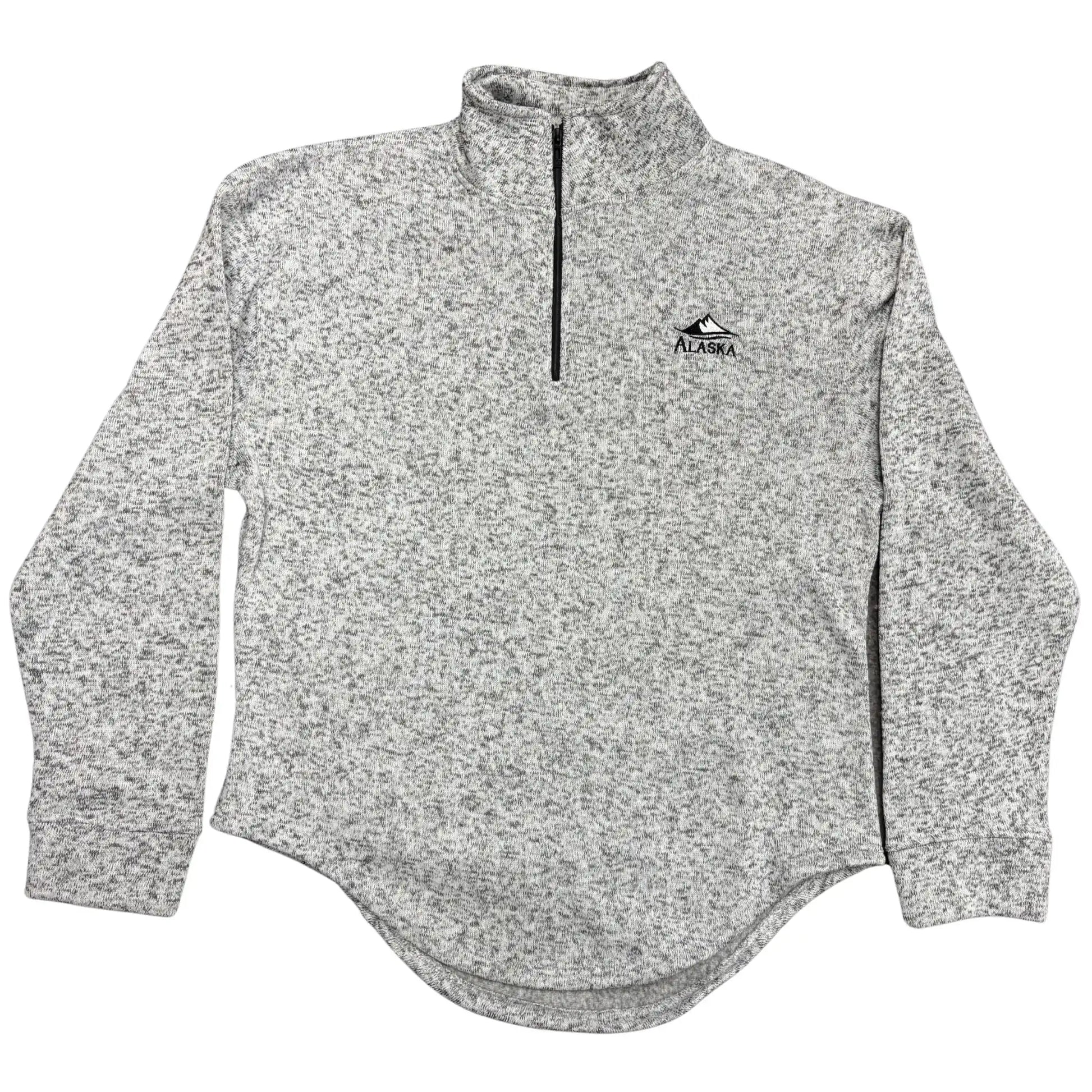 Gray fleece pullover with a brand logo on a white background