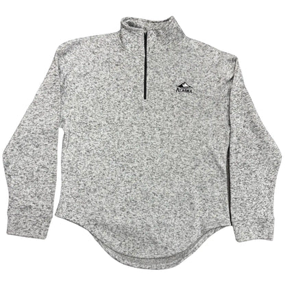 Gray fleece pullover with a brand logo on a white background