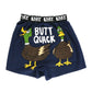 Navy blue underwear with cartoon ducks and 'Butt Quack' text 