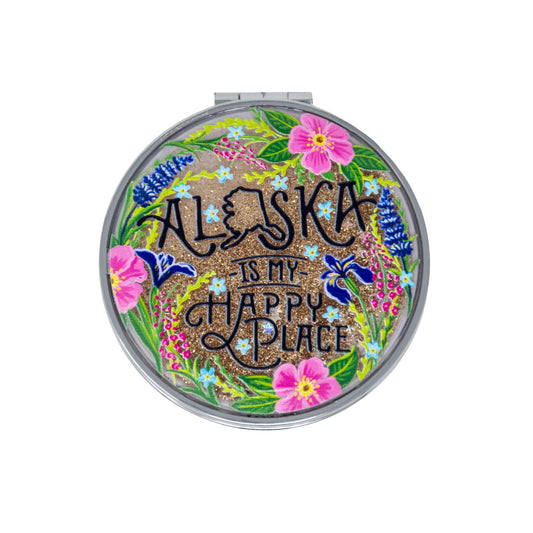 compact mirror with "Alaska is my happy place" text