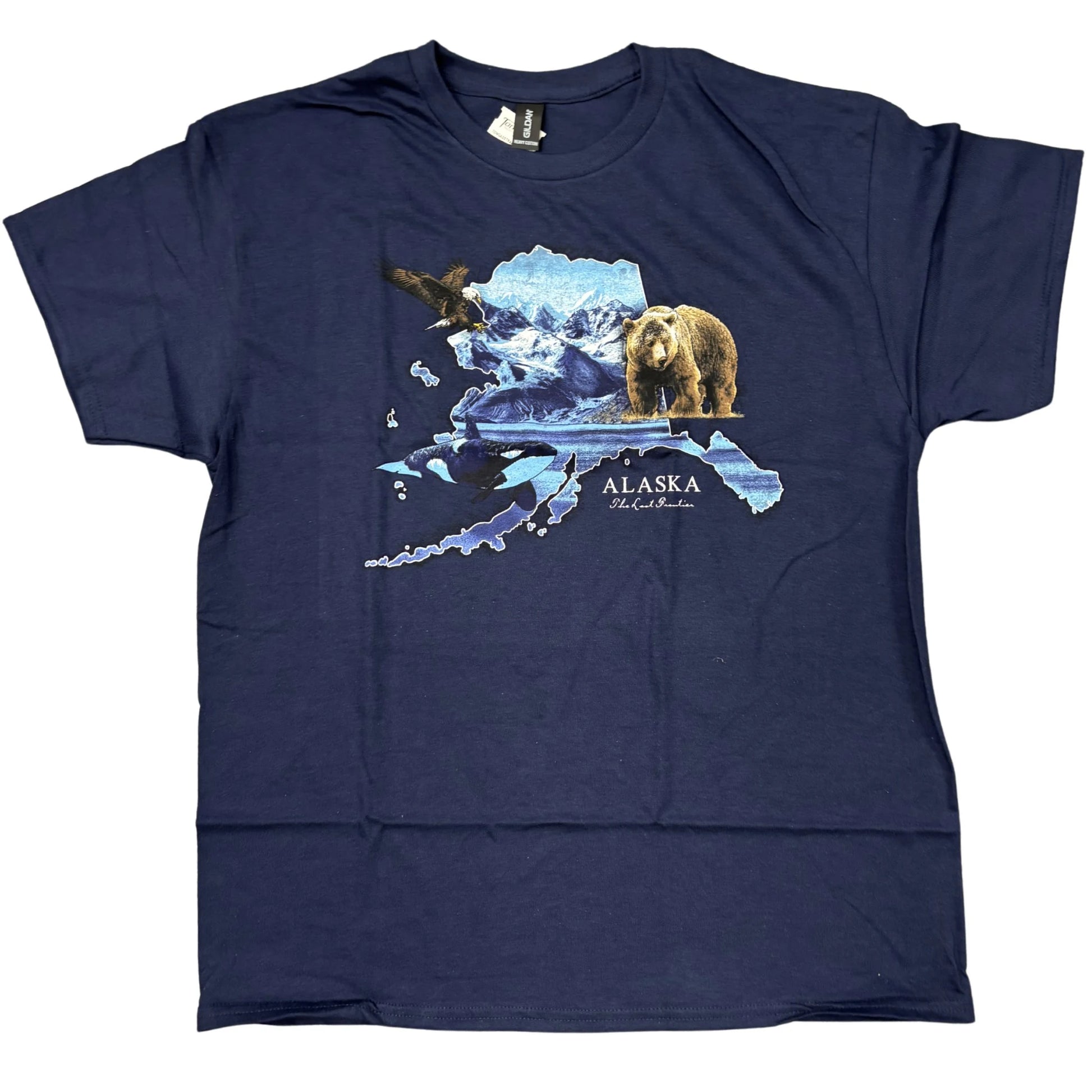 Navy blue t-shirt with an Alaska graphic featuring a bear and mountains 