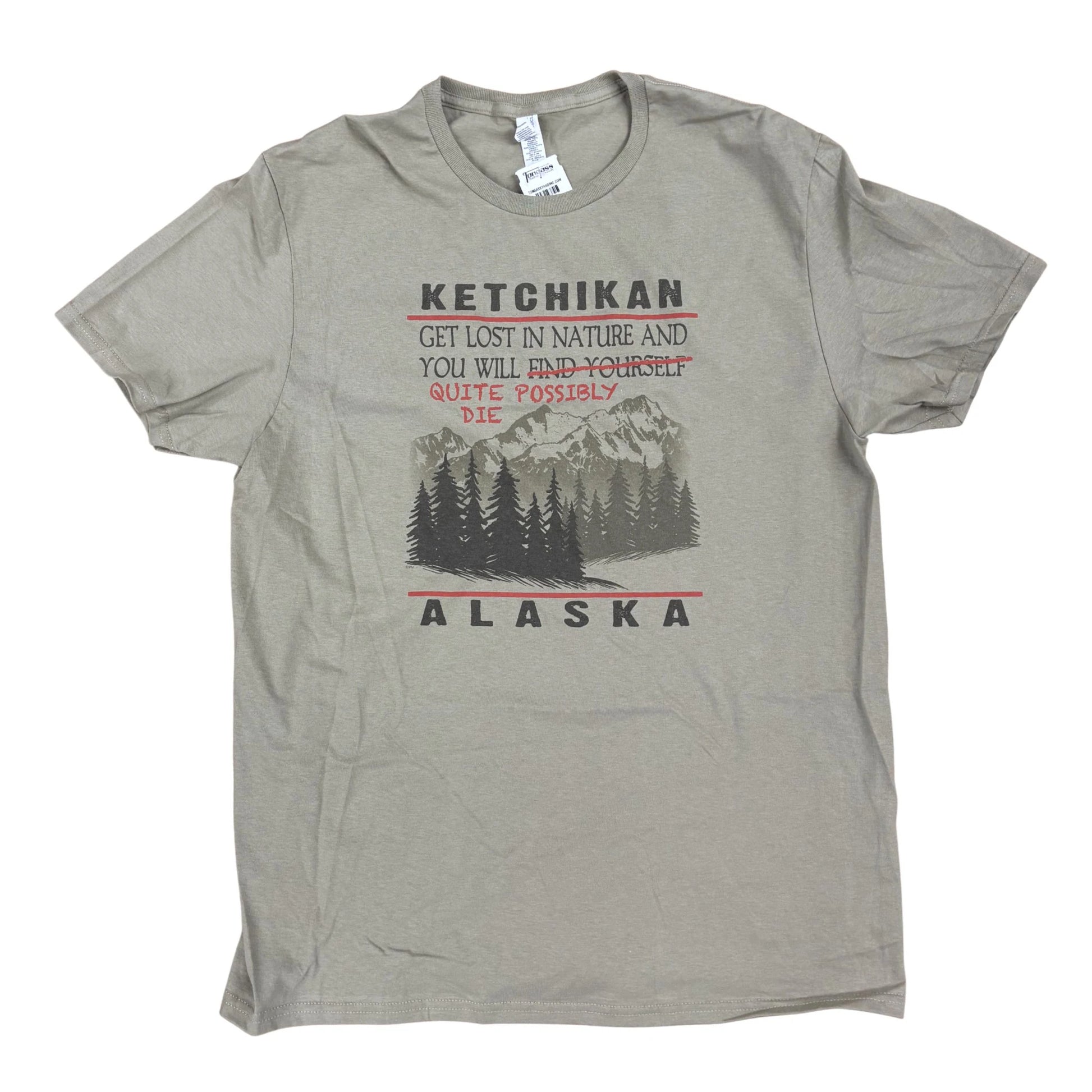 Khaki colored tee with funny nature text and a mountain and trees graphic