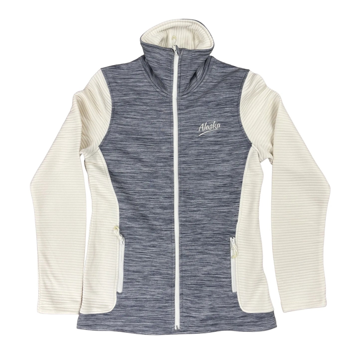Gray and white jacket with 'Alaska' branding on a white background