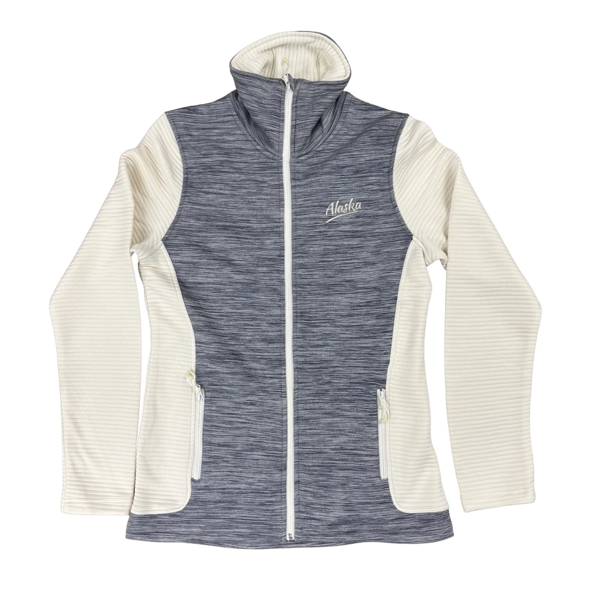 Gray and white jacket with 'Alaska' branding on a white background