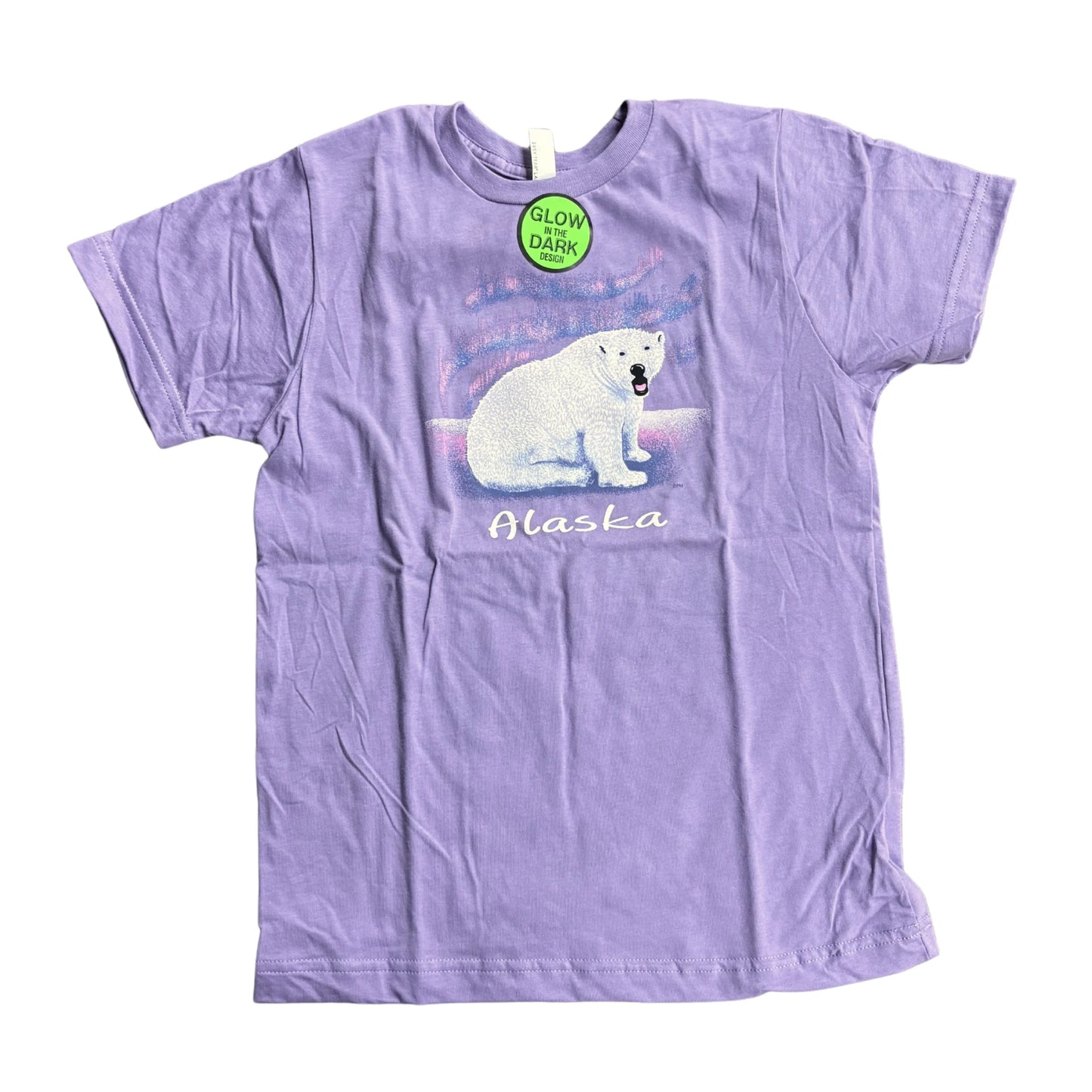 Purple t-shirt with a polar bear graphic and 'Alaska' text on a white background