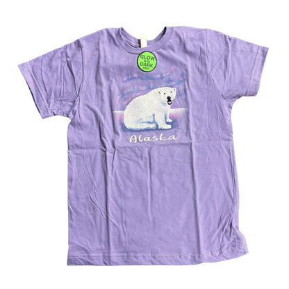 Purple t-shirt with a polar bear graphic and 'Alaska' text on a white background