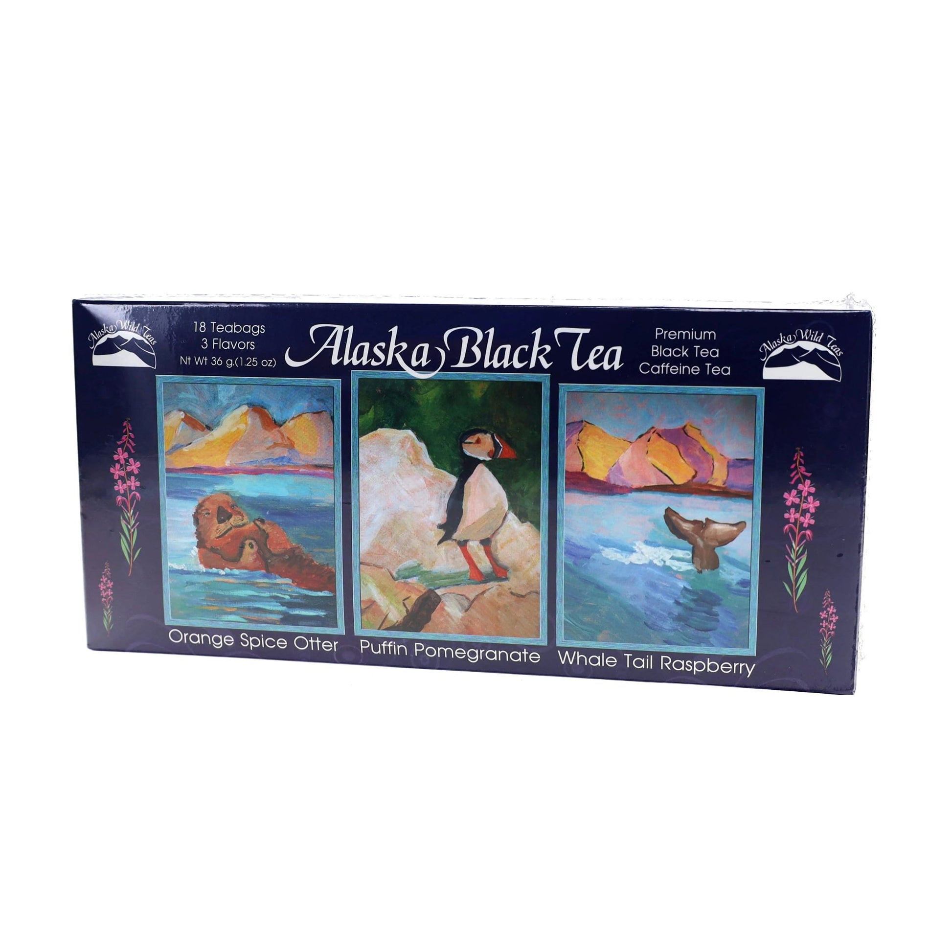 Alaska Black Tea packaging with scenic illustrations on a white background