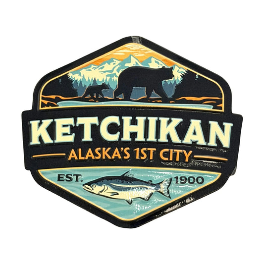 Magnet with Ketchikan Alaska's 1st City Est. 1900 text and bear and fish design