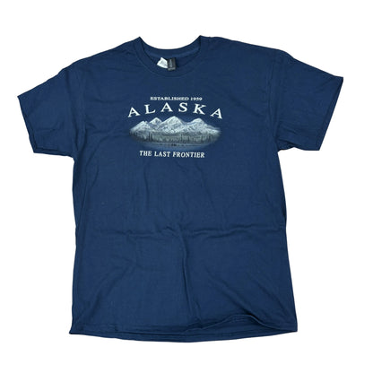 Blue t-shirt with Alaska graphic and text on a white background