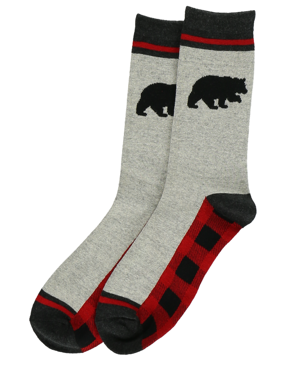 Gray socks with black bear design and red accents on a white background