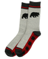 Gray socks with black bear design and red accents on a white background