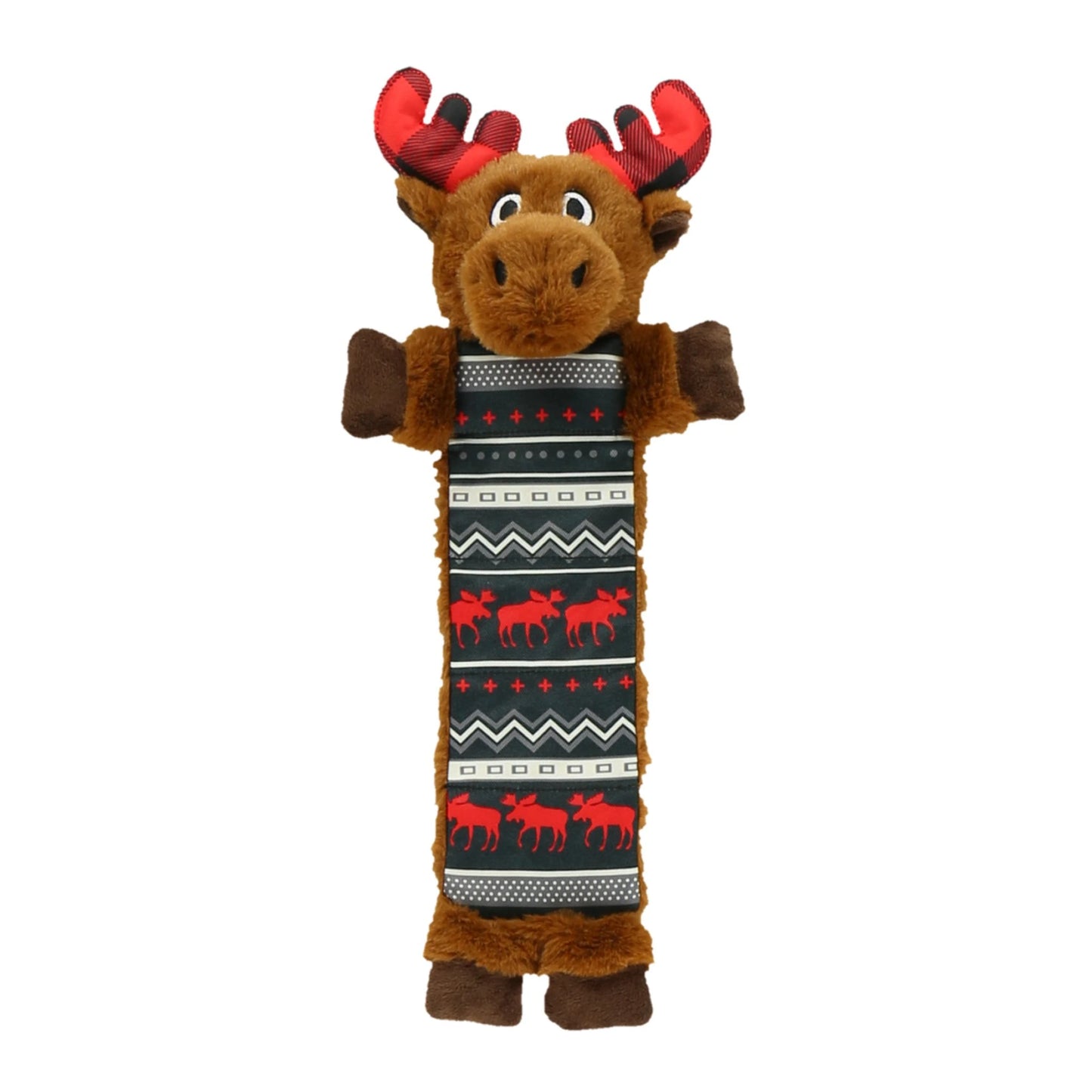Plush moose toy with a patterned sweater on a white background